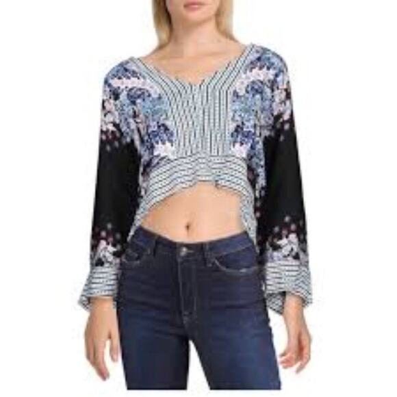 FREE PEOPLE BUTTERCUP CROP FLORAL STRIPE BLOUSE SIZE M - Picture 1 of 7